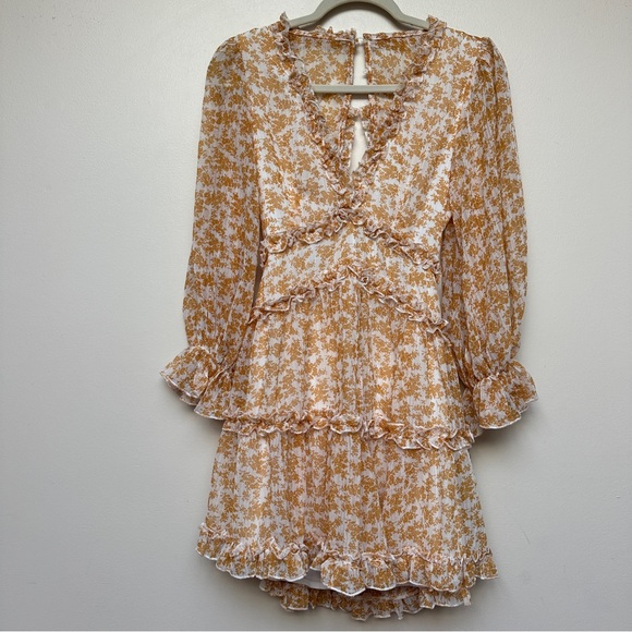 Saints + Secrets Mustard Floral Chiffon Ruffle Dress Size Small NWT - Picture 4 of 15